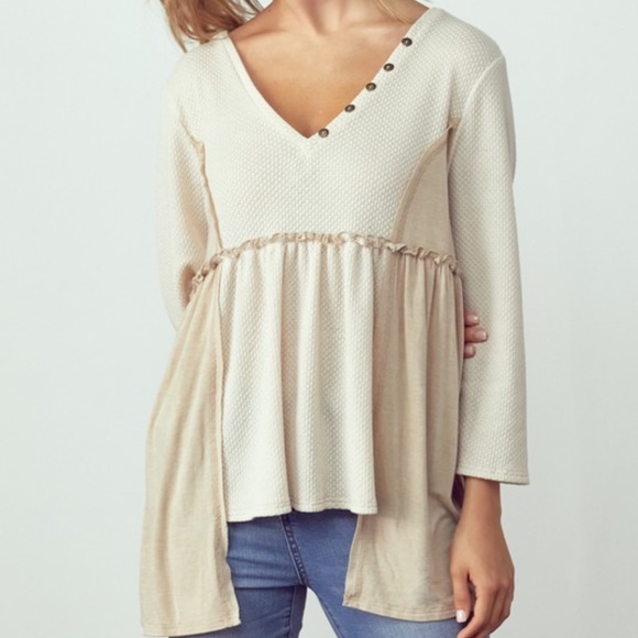 078 Boho Color Block 3/4 Sleeve babydoll Top - Picture 4 of 5